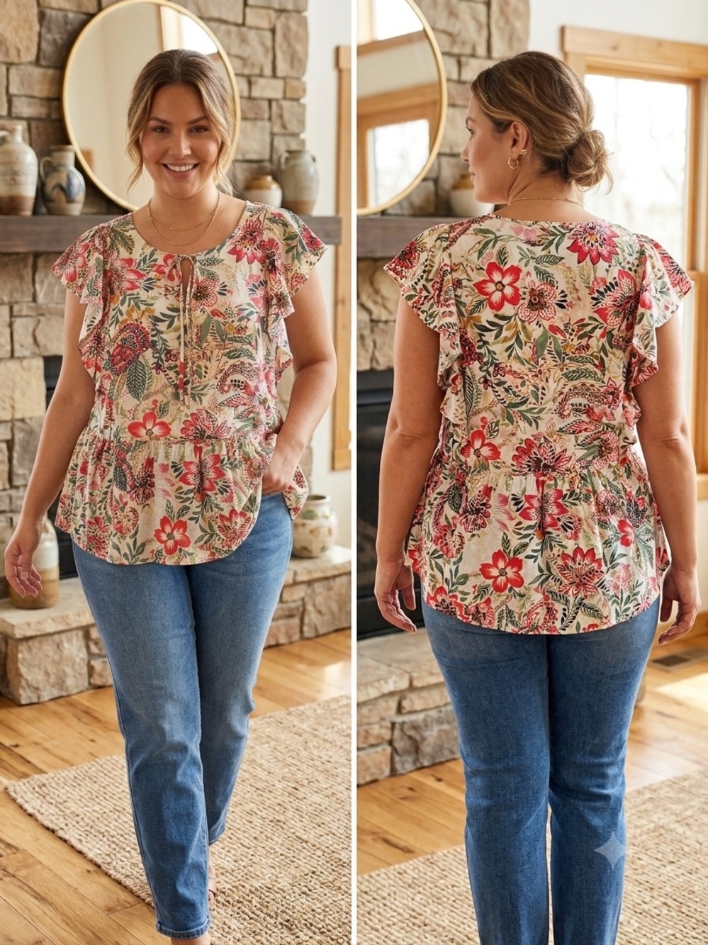 Emily Wonder Floral Paisley Peplum Flutter Sleeve Top